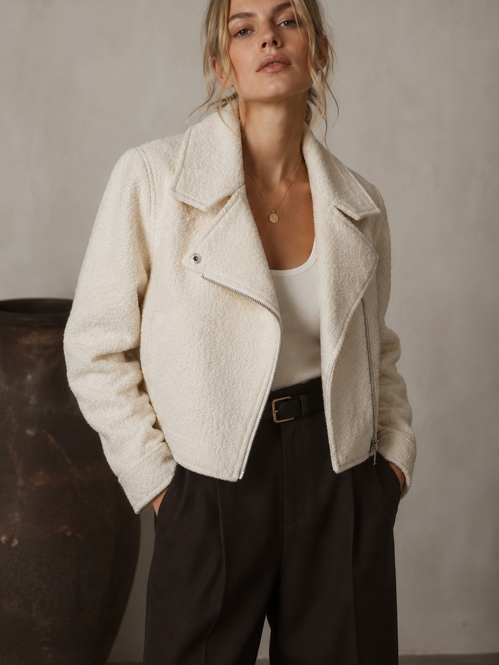 1.STATE Ivory Bouclé Moto Jacket Cropped Wool Blend Biker Jacket M Quiet Luxury
